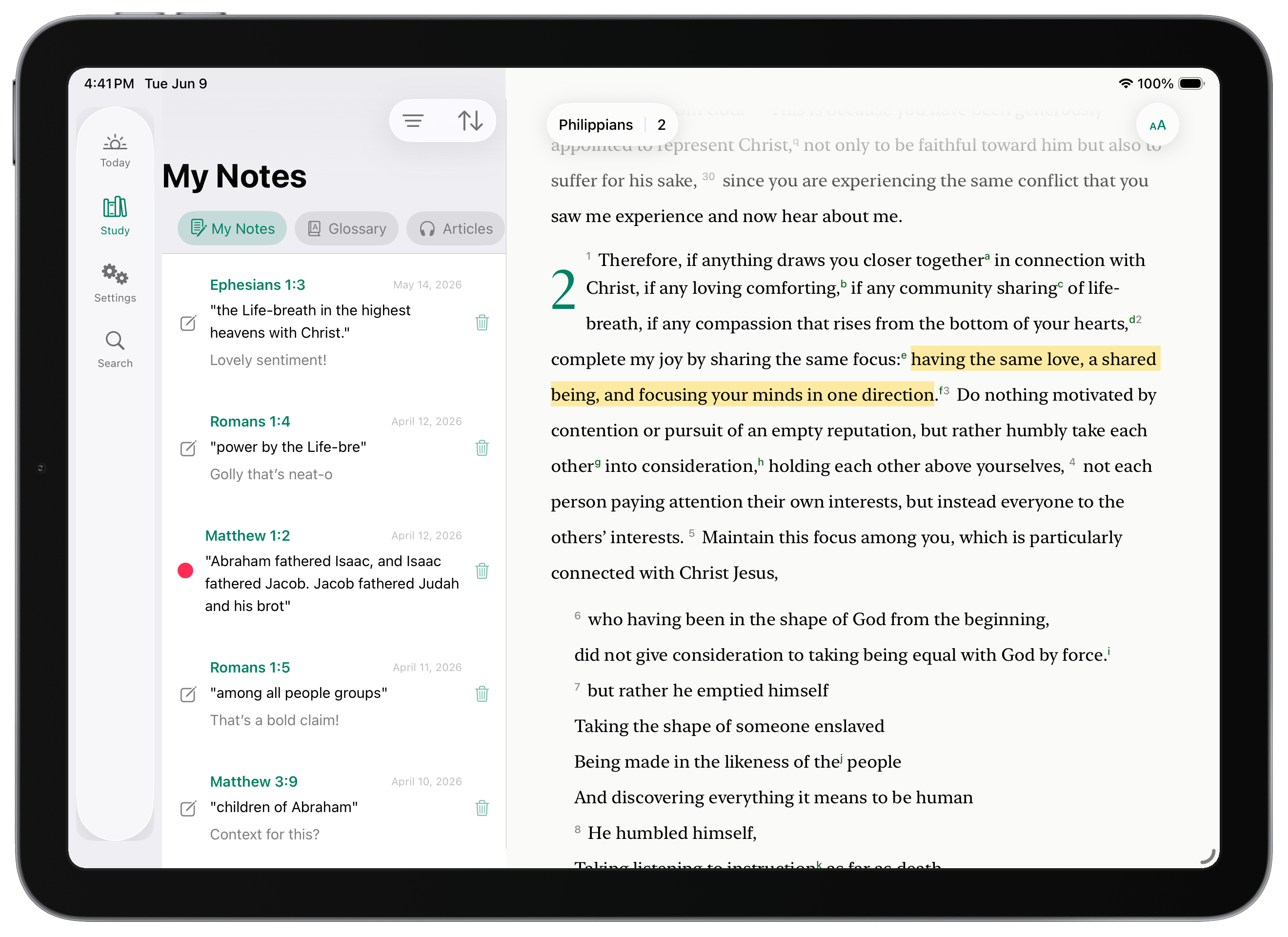 LIT Bible on an iPad Air in landscape — the My Notes panel beside Philippians 2 in the side-by-side study view